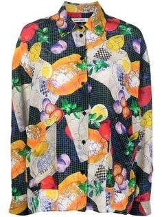 multicolour silk all-over graphic print classic collar front button fastening two front patch pockets long sleeves buttoned cuffs straight hem Henrik Vibskov, Printed Silk Shirt, Silk Shirt, Silk Blouse, Silk Printing, Graphic Prints, Black Shirt, Top Shirt, Top Outfits