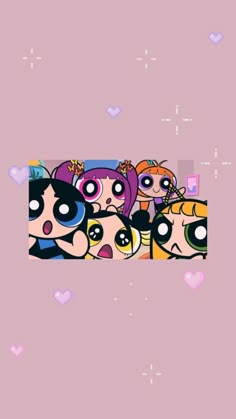 the powerpuff girls wallpaper with hearts and stars in the background, as well as pink