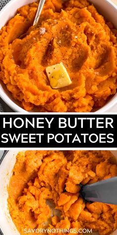 two images side by side with the words honey butter sweet potatoes