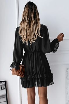 Black Lacy V Neck Ruffled Mini Dress