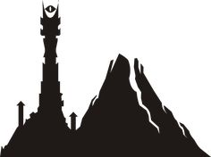 a black and white silhouette of a tower on top of a mountain with an eye in it