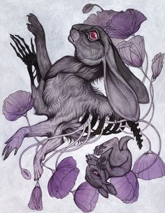 a drawing of a rabbit sitting on the ground surrounded by purple flowers and leaves with red eyes