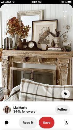 a living room filled with furniture and a clock on top of a fireplace mantel