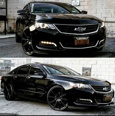 two side by side pictures of a black car with chrome rims and wheels, one showing