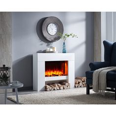 a living room with a clock and fireplace in it's centerpiece, next to a blue chair