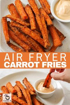 air fryer carrot fries on a plate with dipping sauce