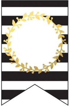 a black and white striped banner with gold leaves on the border, in front of an image of a wreath