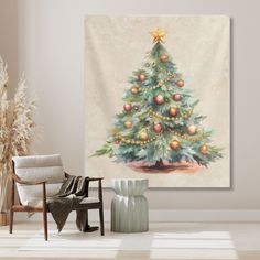 a painting of a christmas tree on a wall next to a chair and vases