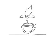 a line drawing of a coffee cup with a plant in it