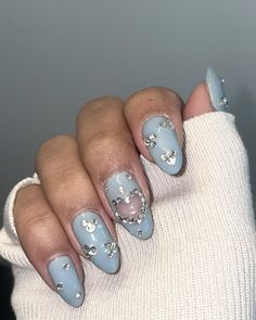 #nail #naildesign #nailinspo Baby Blue Halloween Nails, Cinderella Nails Designs, Sabrina Nails, Blue Heart Nails, Gemstone Nails, Cinderella Nails, Nails Board, Concert Nails, Light Blue Nails