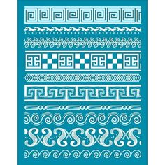 a set of different types of decorative designs on a blue background with white lines and swirls