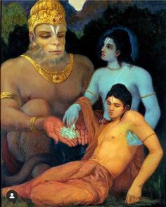 the painting shows two men with different body colors, one is holding something in his hand