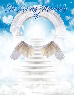 an angel with wings is standing in front of a white arch that reads, you loving memory