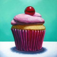 a painting of a cupcake with pink frosting and a cherry on top, sitting on a table