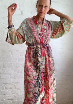 "This is one of a kind patchwork, upcycled silky robe Made free size with wrap tie closing and wide kimono sleeves  Easy and fun to wear around the house or outside as a urban boho style,  flowy kardigan with jeans and tshirt  It is very comfy and feels soft and light  the material is colourful and free flowing  made into this unique stylish over all MEAESURE free size length 55\" MATERIAL *polyester and silk *no lining more boho style ideas available at  https://www.etsy.com/shop/AltheaStores? Urban Boho, Boho Robes, Patchwork Kimono, Silky Robe, House Coat, Kimono Sleeves, Boho Lace, Free Flowing, Womens Robes