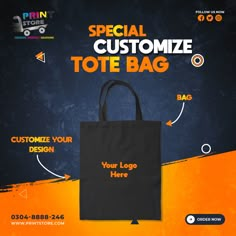 a black tote bag with the words special customize tote bag on it