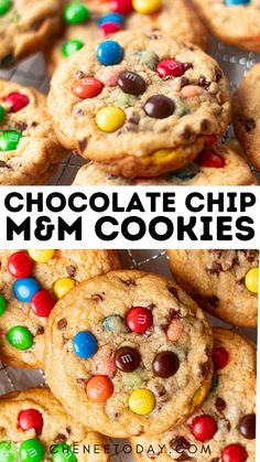 chocolate chip m & m cookies with m & m candies on top and the words,