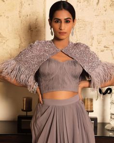 Halter Neck Blouse Design, Dhoti Skirt, Purple Cape, Boat Neck Blouse Design, Blouse Ideas, Designer Lehengas, Lehnga Dress, Statement Blouse, Designing Ideas