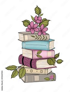 a stack of books with flowers and leaves on top of each book is in color