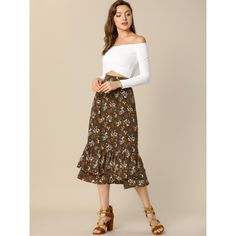 Featuring it's pretty ditsy floral print, this midi skirt is a summery option that can be worn with just about anything. Channel elegant style in this midi skirt, beautifully printed with a blossom print for a versatile look. It is made from lightweight fabric, adds definition to the free-flowing design. Falling to a waterfall midi hem, it sits high on the waist with a discreet side zip fastening. Summer days call for effortlessly feminine styles like the skirt. Flowy Midi Skirt, Ruffle Hem Skirt, Floral Print Skirt, Hem Style, Flowy Skirt, Brown Floral, Print Chiffon, Chic Woman, Chiffon Fabric