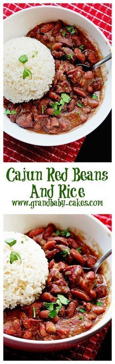 two pictures showing how to make garn red beans and rice in a white bowl