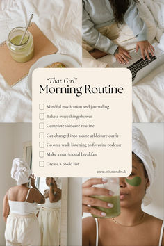 Routine am Morgen: 20+ Ideen für einen gelungenen Start in den Tag  #morgenroutine #morgen #slowmorning #morgenritual #startindentag #wellness #wohlbefinden #selfcare #achtamkeit Healthy Girl Routine Aesthetic, That Girl Habits Aesthetic, Healthy Girl Morning Routine, Aesthetic Routine List, Calm Morning Routine, Healthy Woman Aesthetic, That Girl Morning Routine, That Girl Routine, Clean Girl Morning Routine