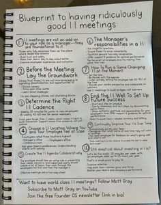 a blueprint to having ridiculous good i'll meetings is shown on a notepad