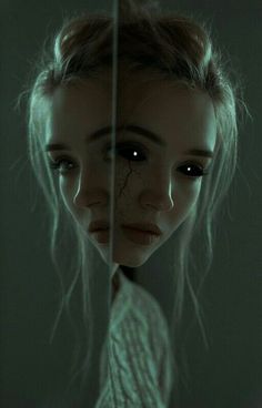 a woman's face is reflected in a mirror with her eyes lit up,