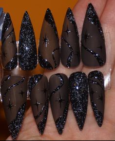 Black Caviar Nails, Acrylic Nails Stiletto Design, Goth Engagement Nails, Easy Dark Nail Designs, Black December Nails, Ballerina Nails Dark, Black Winter Nail Ideas, Matte And Shiny Black Nails, Goth Christmas Nails Short