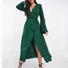 Reposhing This Item I Purchased From @Nethay. Loved It, But Ready To Rotate For Something New. Questions? Leave A Comment Below! Green Wrap Dress, Wedding Guest Outfit Fall, Satin Wrap Dress, Tie Maxi Dress, High Waist Dress, Dress With Tie, Guest Outfit, Deep V Neck, Guest Dresses