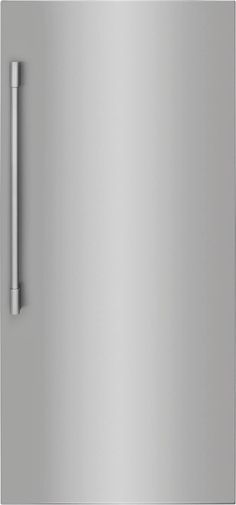 a stainless steel refrigerator with a handle on the left and right side door, in front of a white background