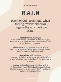 Self Healing Techniques, Rain Technique Mindfulness, What To Do When You Feel Unloveable, Rain Method, How To Feel Your Feelings, Rain Technique, Therapy Reflection, Self Soothing Techniques, Feeling Self Conscious