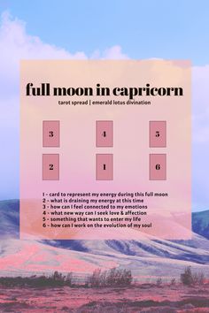 the full moon in capricorn chart is shown with mountains and clouds behind it