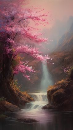 a painting of a waterfall with pink flowers