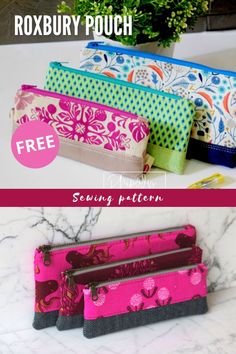 four different zippered pouchs with the text free sewing pattern on top and bottom