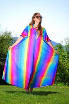 Vintage 1970s 1980s GRANADA One Size Rainbow Striped Maxi Tent Dress | eBay 70s Rainbow, Beach Caftan, Beach Lounge, 70s Hippie, Rainbow Dress, Tent Dress, Vintage Rainbow, Hippie Dresses, Caftan Dress