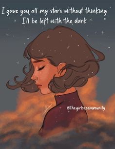 a drawing of a girl with her eyes closed in front of the sky and stars