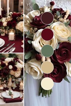 the table is set with red and white flowers, candles, and wine colored napkins