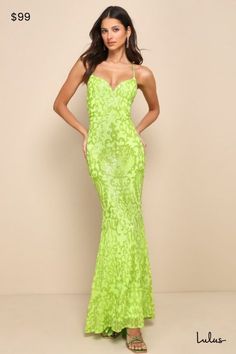 The Lulus Limitless Glamour Lime Green Sequin Lace-Up Maxi Dress is a statement-making look that will make you the star of any party! Sheer mesh, embellished with a mesmerizing design of stunning sequins, shapes this eye-catching dress that features a princess-seamed bodice, a romantic sweetheart neckline (with a supportive V-bar), and slender straps that flow into a lace-up design atop the open back. The high, fitted waist tops a figure-flaunting, mermaid maxi skirt with a subtle train at the back. Hidden back zipper/clasp. Fit: This garment fits true to size. Length: Floor length. Size medium measures 54.5" from adjustable straps to hem. Bust: Great for any cup size. Waist: Fitted - very fitted at natural waist. Hip: Fitted - stretchy fabric allows room for hips. Undergarments: May be wo Lime Green Prom Dresses, Green Satin Prom Dress, Mermaid Maxi Skirt, Green Sequin Dress, Lime Green Dress, Trendy Prom Dresses, Formal Dresses Gowns, Sequin Maxi Dress, Green Prom Dress