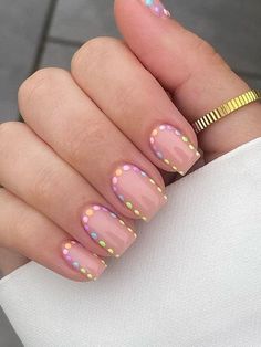 pastel dot nail design Biab Nail Design Spring, Spring Biab Nails Short, Pastel Biab Nails, Spotted Nail Designs, Dotted Nails Designs, Biab Spring Nails, Biab Nail Designs Summer, Short Biab Nail Designs, Biab Designs