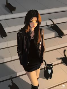 a woman standing next to a black cat on top of some steps with her shadow cast