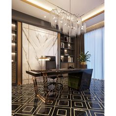 a black and gold office with chandelier hanging from it's center window