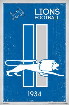 the lions football logo is shown in blue and white, with an image of a lion on