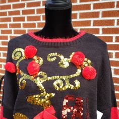 Nwt Black And Red Sweater With Red Pompoms Red Sequins Spell Out "Fab" "Yule" "Ous" Size Xl = 16-18 100% Body Acrylic On Sleeves 68/32 Acrylic/Polyester *Approximated Measurements* Neck 8", Sleeve 21.5", Waist 23", Length 26". Red Holiday Party Sweater, Red Christmas Party Sweater, Casual Red Sweater For Party, Navy Blue Crewneck, Blue Crewneck, Gap Sweater, Red Sequin, Red Sweater, Mock Neck Sweater