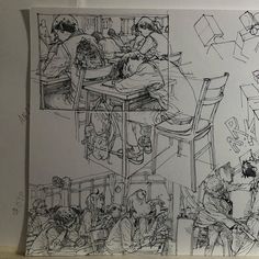 a drawing of people sitting at a table