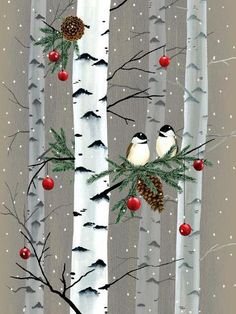 two birds perched on a tree branch with pine cones and red berries in the snow