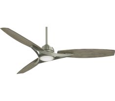 a ceiling fan that is on top of a white wall and it has two blades