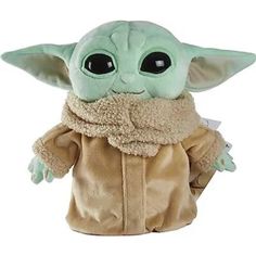 the child yoda plush toy is wearing a brown jacket and has a scarf around it's neck