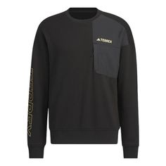 Adidas x Terrex Sweatshirt 'Black Solar Yellow' IP9947 (Men's/Round Neck) Black Long Sleeve T-shirt For Outdoor, Sportswear Tops With Ribbed Cuffs For Outdoor, Outdoor Sportswear Tops With Ribbed Cuffs, Black Athleisure Sweatshirt For Outdoor Activities, Black Crew Neck Sweatshirt For Outdoor, Outdoor Crew Neck Sweatshirt In Athleisure Style, Black Crew Neck Sweater For Outdoor, Black Tops For Outdoor Fall Activities, Outdoor Crew Neck Tops With Ribbed Cuffs