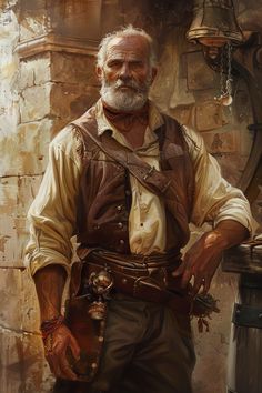 a painting of an old man with a beard and leather vest standing in front of a brick wall